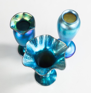Steuben Blue Aurene Iridescent Vases