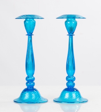 Steuben Celeste Blue Swirl Candlesticks
