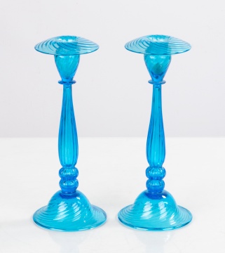 Steuben Celeste Blue Swirl Candlesticks
