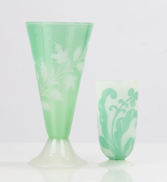 Steuben Green Jade & Alabaster Acid Etched Vases