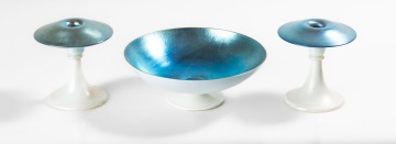 Steuben Blue Aurene & Calcite Candlesticks & Centerpiece Bowl