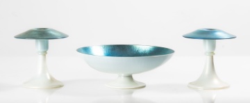Steuben Blue Aurene & Calcite Candlesticks & Centerpiece Bowl