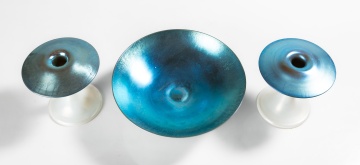 Steuben Blue Aurene & Calcite Candlesticks & Centerpiece Bowl