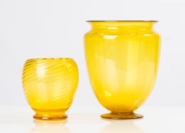 Steuben Bristol Yellow Centerpiece & Spiral Ribbed Vase