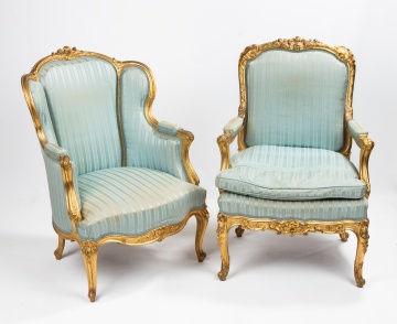 Two French Louis XV-Style Carved Giltwood Bergere & Fauteuil Armchairs