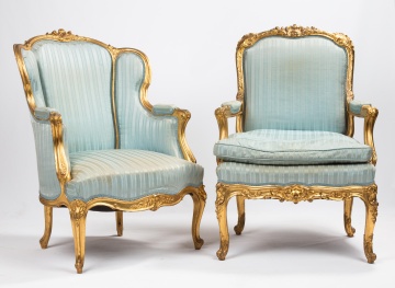 Two French Louis XV-Style Carved Giltwood Bergere & Fauteuil Armchairs