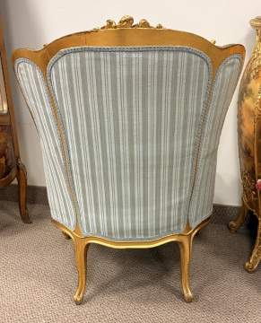 Two French Louis XV-Style Carved Giltwood Bergere & Fauteuil Armchairs