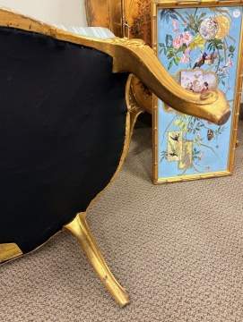 Two French Louis XV-Style Carved Giltwood Bergere & Fauteuil Armchairs