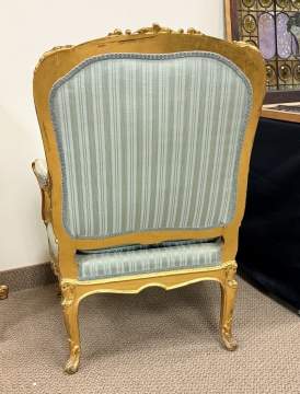 Two French Louis XV-Style Carved Giltwood Bergere & Fauteuil Armchairs