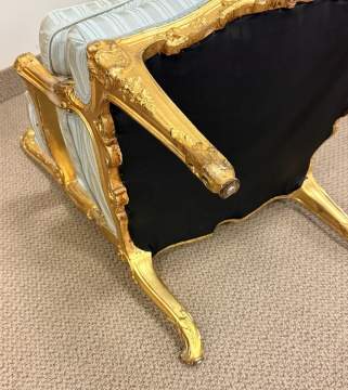 Two French Louis XV-Style Carved Giltwood Bergere & Fauteuil Armchairs