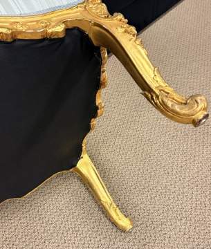 Two French Louis XV-Style Carved Giltwood Bergere & Fauteuil Armchairs