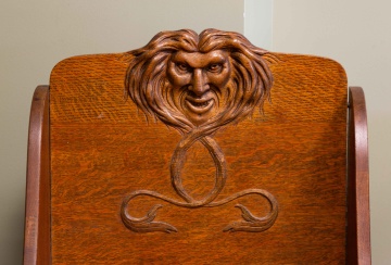 Oak Lift Top Hall Seat with Carved Mask