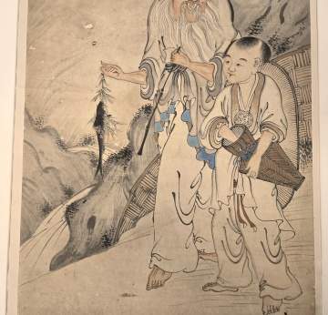 Two Chinese Scroll Paintings & Woodblock Print