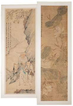 Two Chinese Scroll Paintings & Woodblock Print