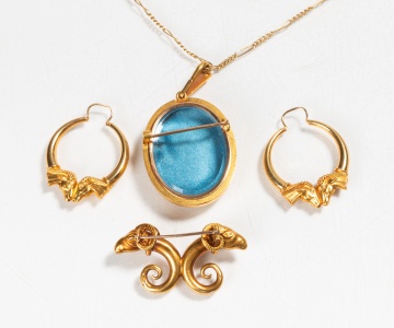 18K Gold Pendant, Brooch, & Earrings
