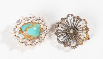 14K Gold, Diamond, Turquoise, Seed Pearl, & Enamel Brooches