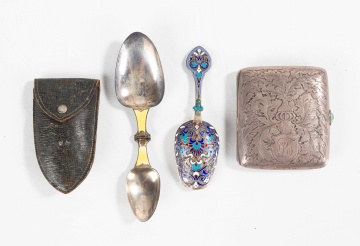 Russian Silver Cloisonne Enameled Caddy, Traveling Spoons, & Silver Cigarette Case