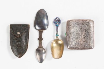 Russian Silver Cloisonne Enameled Caddy, Traveling Spoons, & Silver Cigarette Case