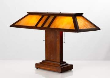 Arts & Crafts Prairie School Oak and Slag Glass Table Lamp