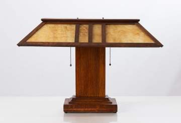 Arts & Crafts Prairie School Oak and Slag Glass Table Lamp