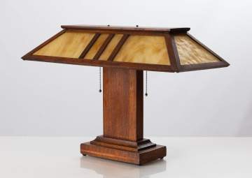 Arts & Crafts Prairie School Oak and Slag Glass Table Lamp