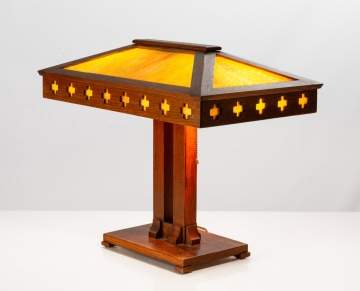 Arts & Crafts Prairie School Oak and Slag Glass Table Lamp with Cruciform Insets