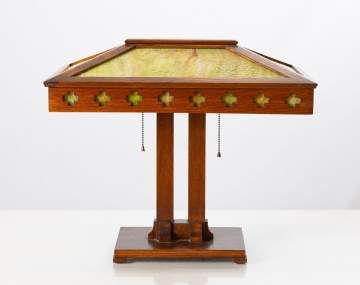 Arts & Crafts Prairie School Oak and Slag Glass Table Lamp with Cruciform Insets