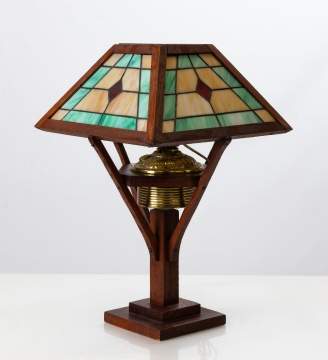 Arts & Crafts Oak and Leaded Glass Table Lamp