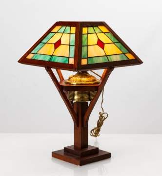Arts & Crafts Oak and Leaded Glass Table Lamp