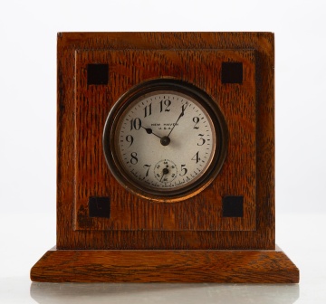 New Haven Clock Co. Arts and Crafts Inlaid Quarter-Sawn Oak Desk Clock