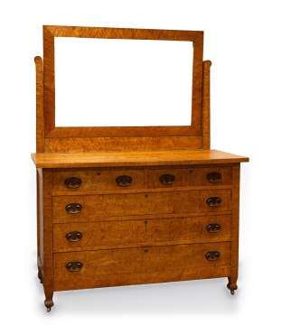 A Unique Bird's-Eye Maple Dresser with Swing Mirror, Roycroft Inn