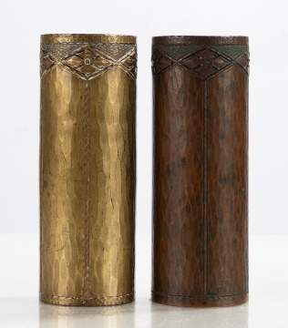 Roycroft Two Hand-Hammered Copper Vases with Tooled Bands