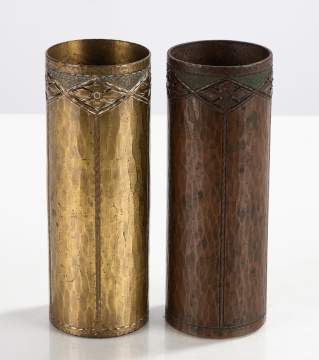 Roycroft Two Hand-Hammered Copper Vases with Tooled Bands