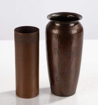 Roycroft Two Hand-Hammered Copper Vases, Ovoid and Cylindrical