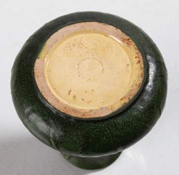 Grueby Pottery Squat Leaf-Tooled Matte Green Glazed Earthenware Vase