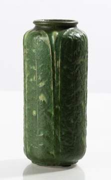 Grueby Pottery Tooled Variegated Matte Green Glazed Earthenware Vase