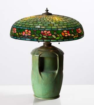 Attributed to Wilkinson, Leaded Glass Table Lamp on a Teco Pottery Base, Shape 175