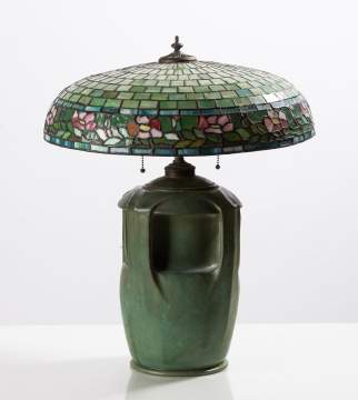 Attributed to Wilkinson, Leaded Glass Table Lamp on a Teco Pottery Base, Shape 175