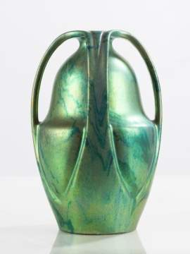 Zsolnay Green Lustre Earthenware Three-Handled Vase