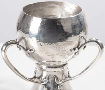 The Goldsmiths & Silversmiths Company Ltd. Arts and Crafts Hand-Hammered Sterling Silver Three-Handled Loving Cup