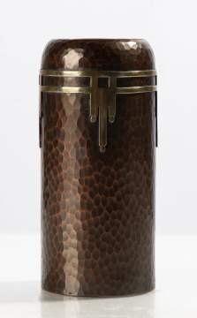 Roycroft Rare Mixed Metal Cylindrical Vase with Applied Strapwork