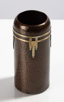 Roycroft Rare Mixed Metal Cylindrical Vase with Applied Strapwork