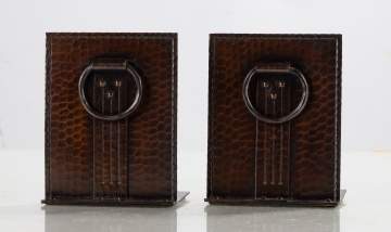 Roycroft Pair of Hand-Hammered Copper Bookends with Applied Rings