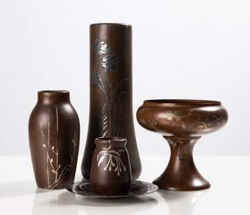 Heintz Art Metal Shop Group of Five Sterling-on-Bronze Wares with Floral Overlay