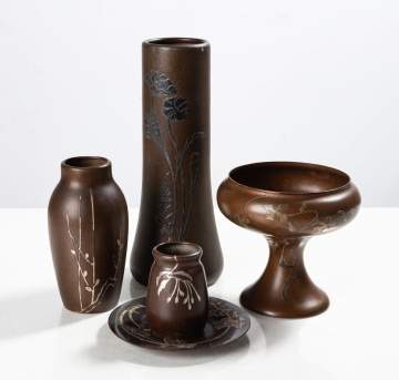 Heintz Art Metal Shop Group of Five Sterling-on-Bronze Wares with Floral Overlay