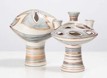 Fong Chow for Glidden Pottery Two Pierced Flower Vessels