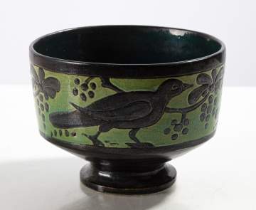 Lulu Scott Backus Incised Bird and Berry Footed Bowl