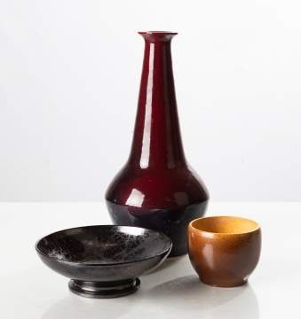 Lulu Scott Backus Group of Three Glazed Ceramics: Bottle Vase, Bowl and Cup