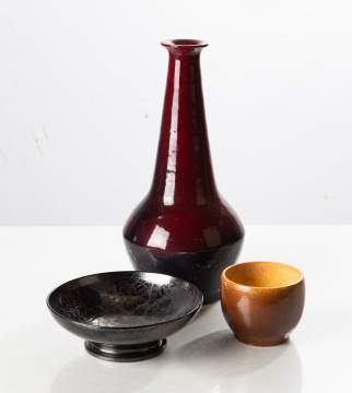 Lulu Scott Backus Group of Three Glazed Ceramics: Bottle Vase, Bowl and Cup