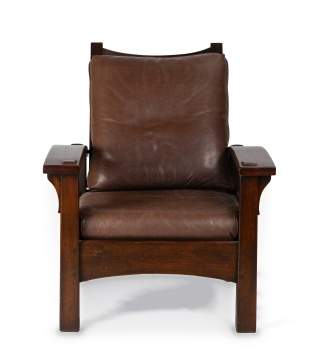 Gustav Stickley, A Rare Early Reverse-Tapered Bow-Arm Morris Chair, Model No. 336/2340